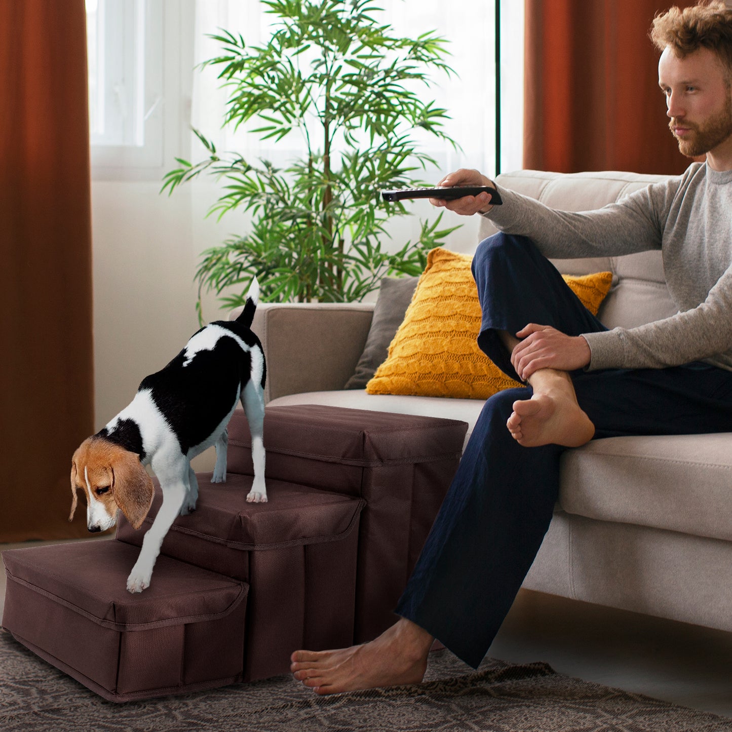 Home Base Dog Steps, Pet Stairs for Couch and Bed, Ramp for Cats and Dogs, Padded 3- Step Design, Collapsible and Foldable Storage