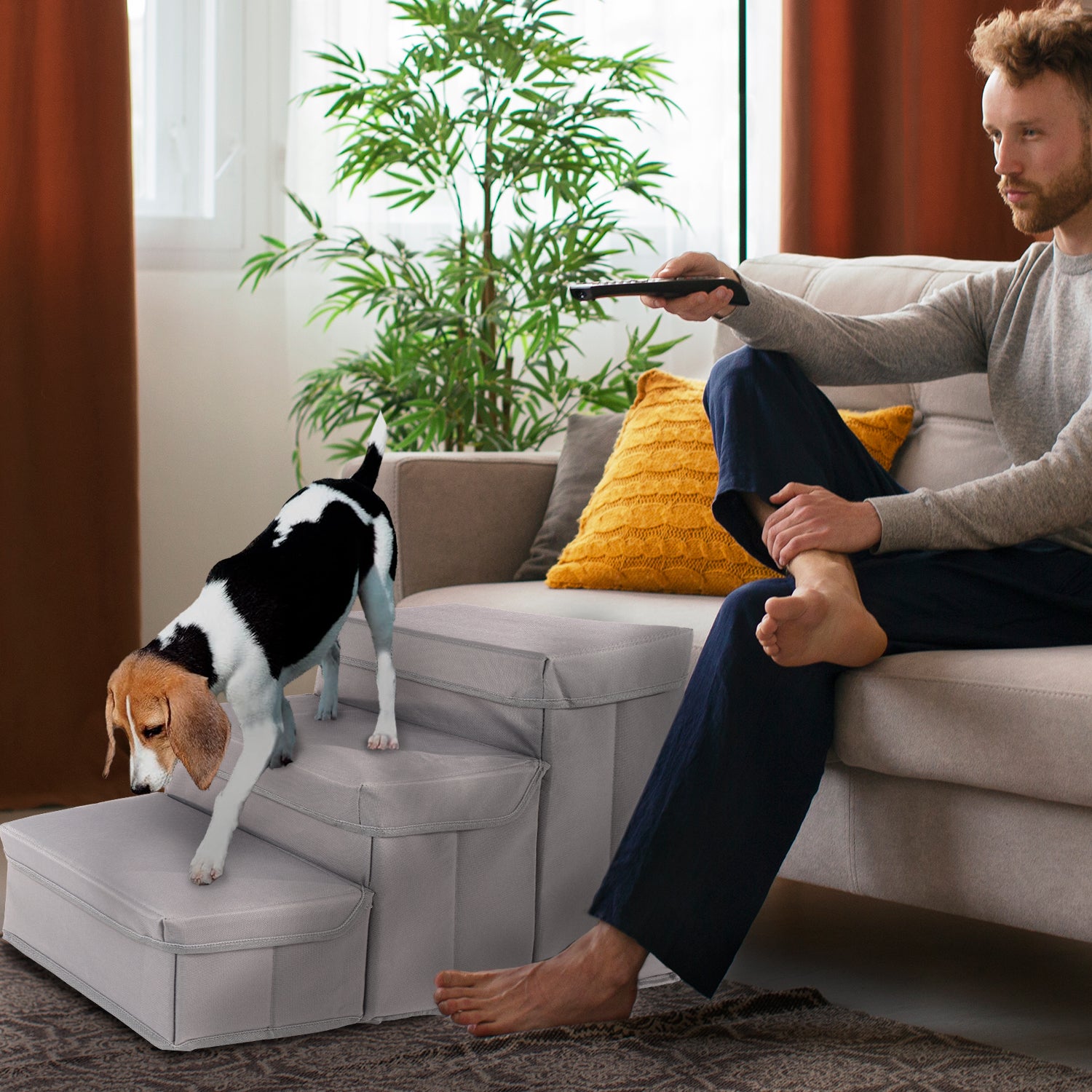 Home Base Dog Steps Pet Stairs for Couch and Bed Ramp for Cats and Dogs Padded 3 Step Design Collapsible and Foldable Storage