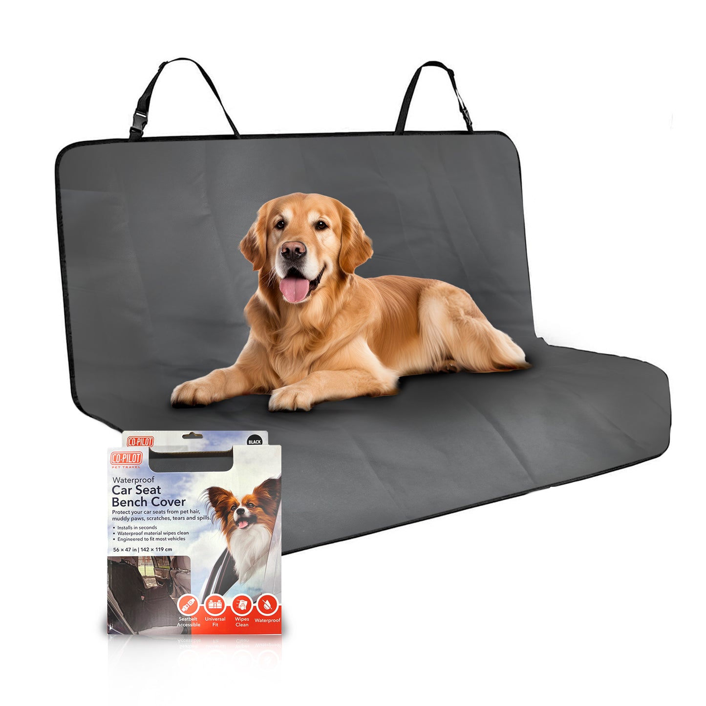 Co-Pilot Waterproof Dog Seat Cover for Back Seat - Pet Car Cover  - Nonslip Bench Protector for Dogs