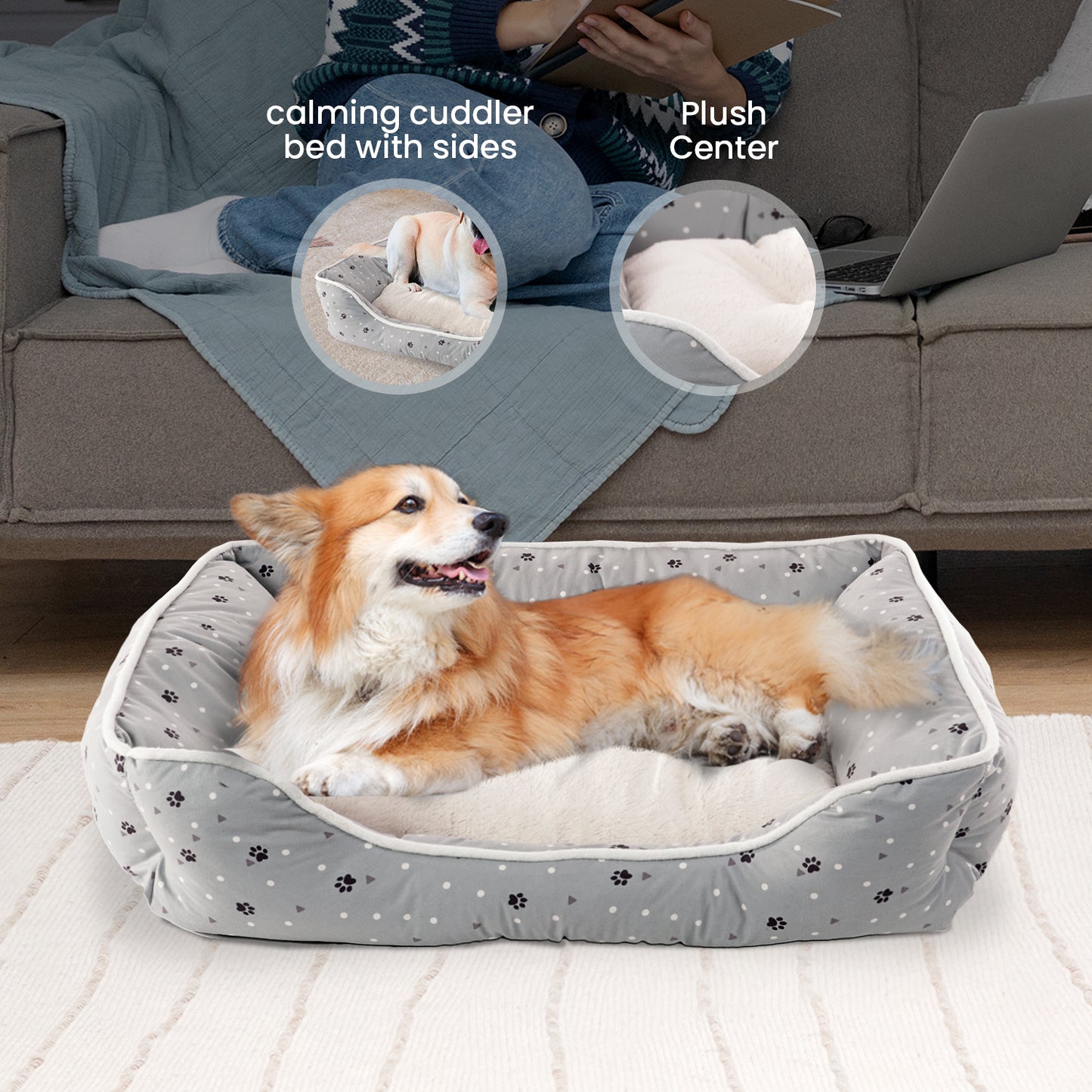 Details Microsuede Pet Bed, Dog Beds for Small Dogs and Cats, Calming Cuddler Bed for Pets with Sides and Plush Center
