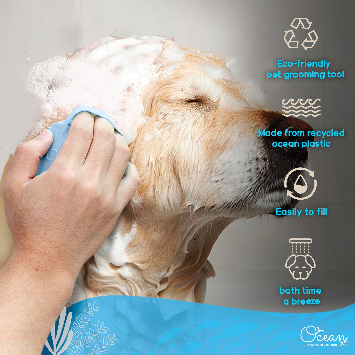 Ocean Plastic by PT Eco-Friendly Soap Dispensing Pet Scrub Brush, Assorted Colors, Sustainable Grooming Tool for Dogs and Cats