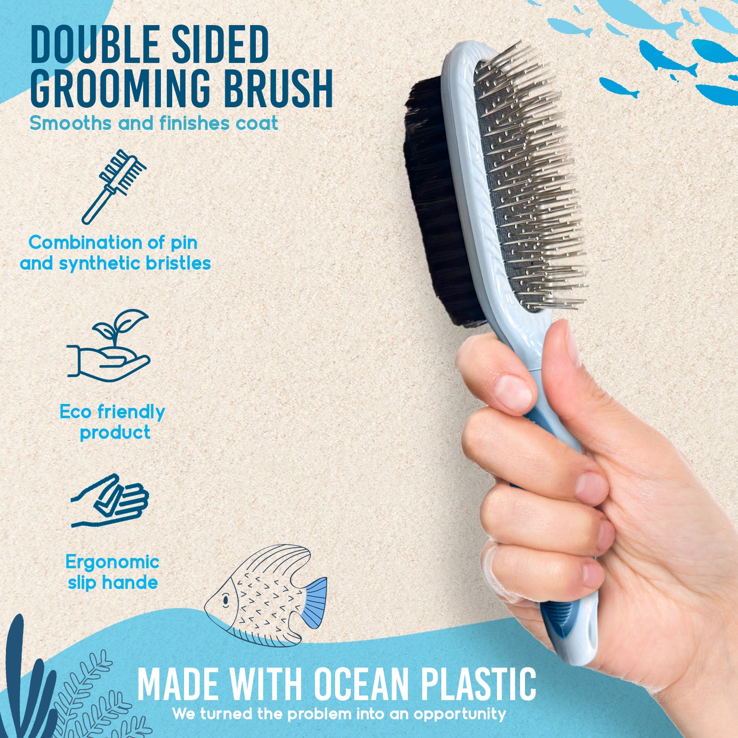 Ocean Plastic by PT Double-Sided Oval Grooming Brush, Eco-Friendly Pet Brush for Dogs and Cats