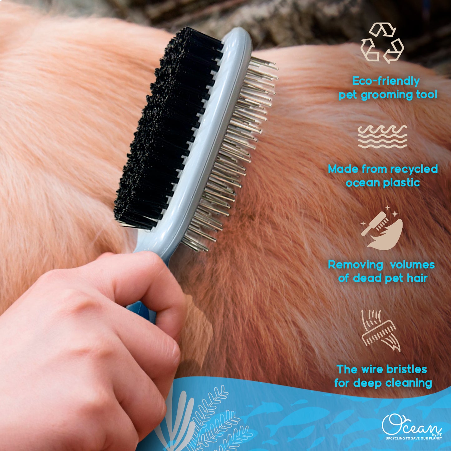 Ocean Plastic by PT Double-Sided Oval Grooming Brush, Eco-Friendly Pet Brush for Dogs and Cats