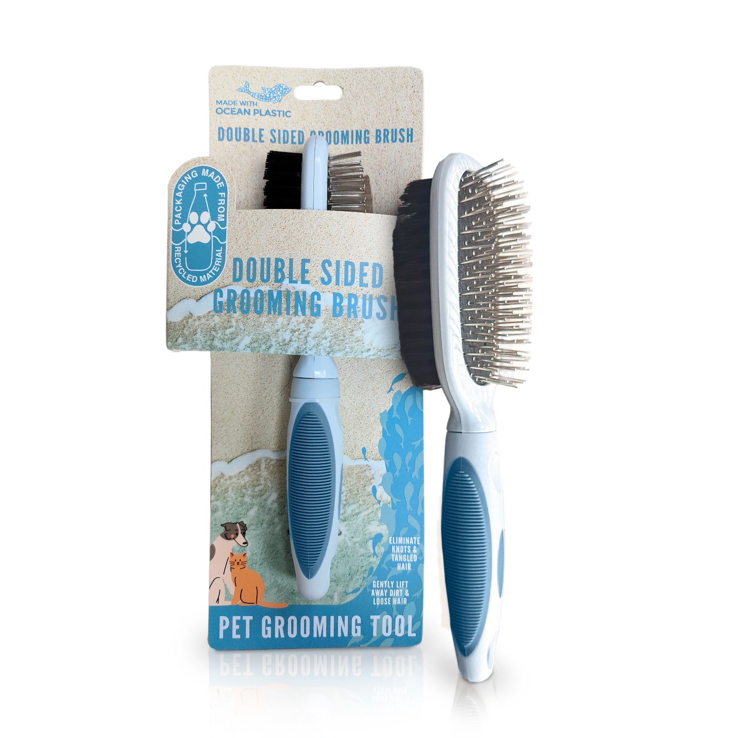 Ocean Plastic by PT Double-Sided Oval Grooming Brush, Eco-Friendly Pet Brush for Dogs and Cats