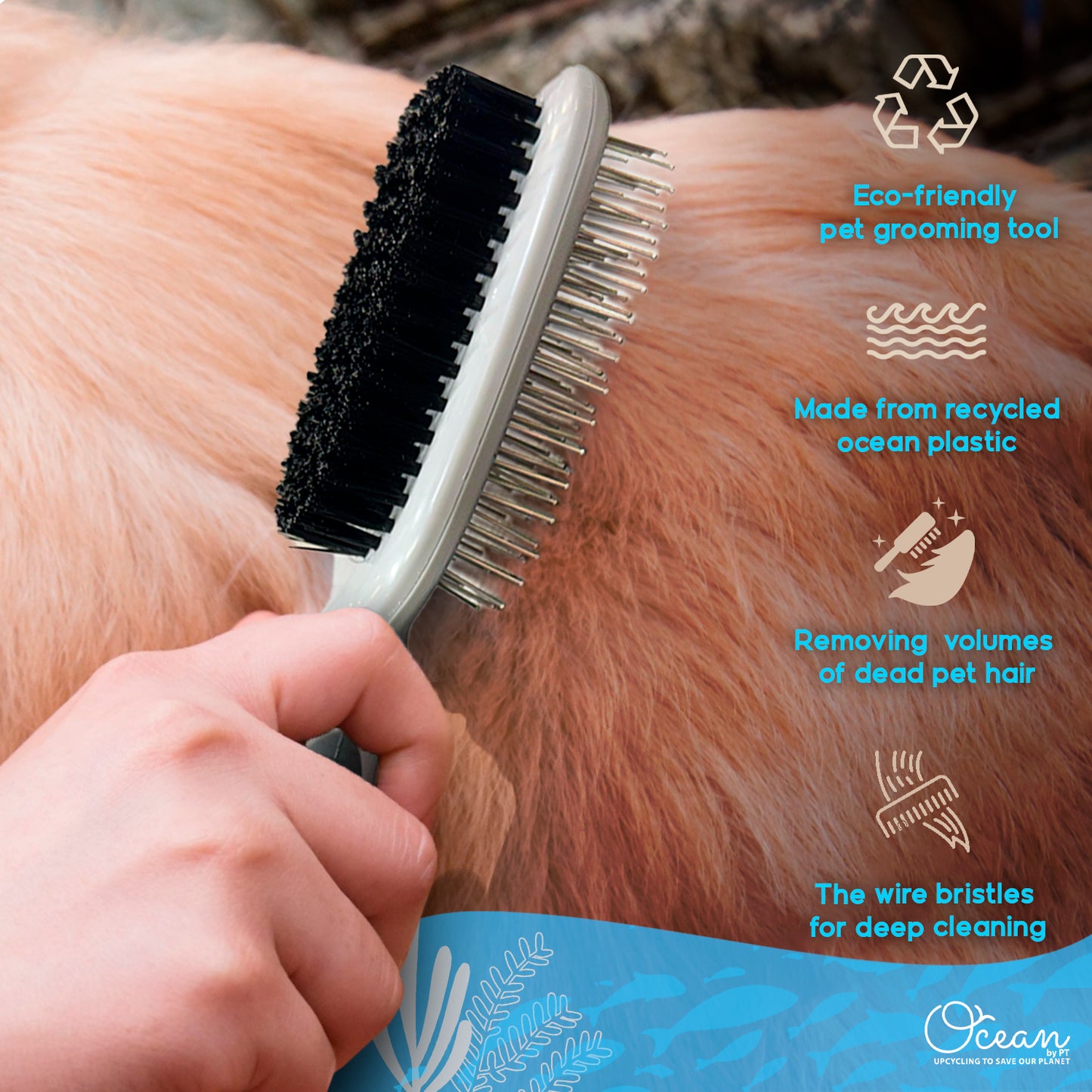 Ocean Plastic by PT Double-Sided Oval Grooming Brush, Eco-Friendly Pet Brush for Dogs and Cats