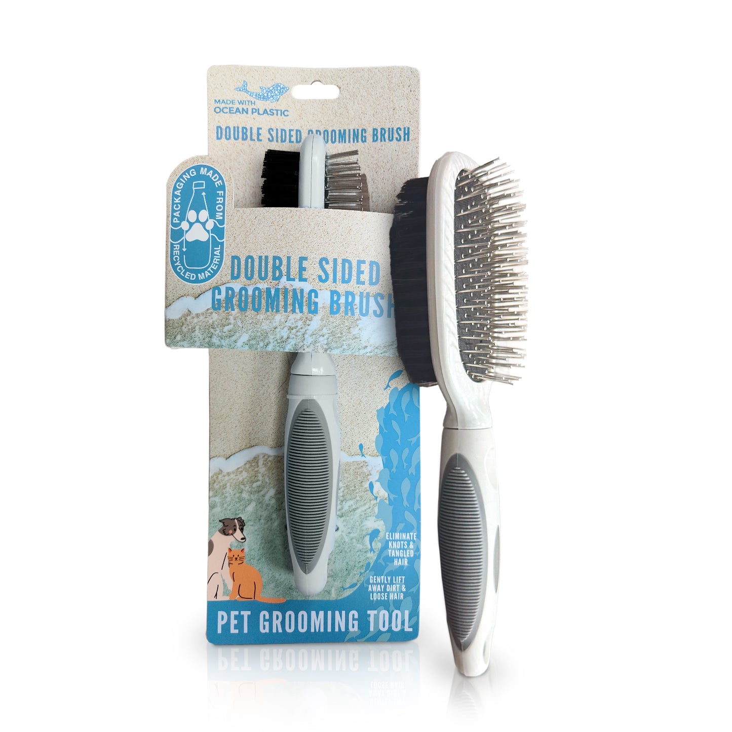 Ocean Plastic by PT Double-Sided Oval Grooming Brush, Eco-Friendly Pet Brush for Dogs and Cats