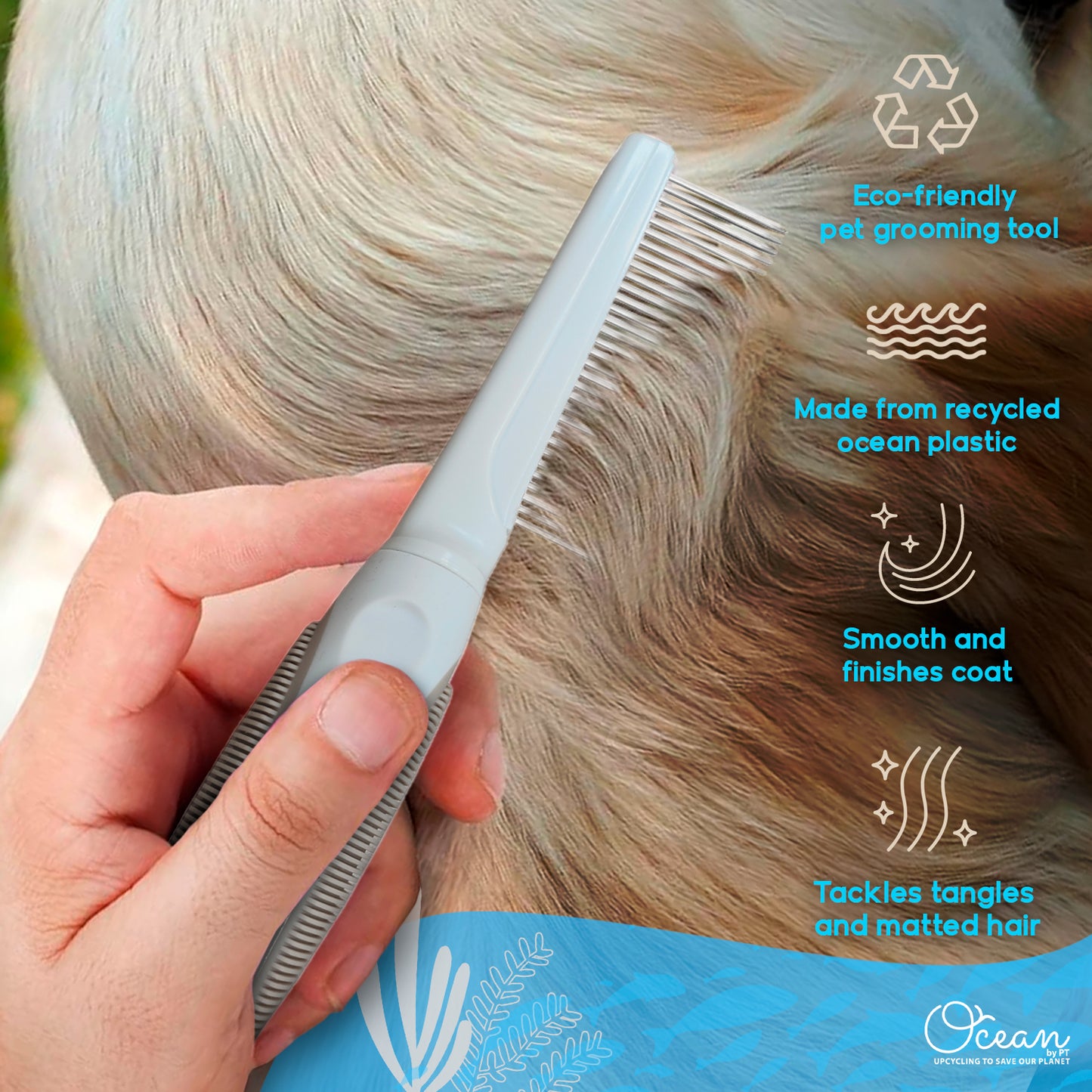 Ocean Plastic by PT Single-Sided Pin Comb Brush for Pets, Eco-Friendly Grooming Tool for Dogs and Cats