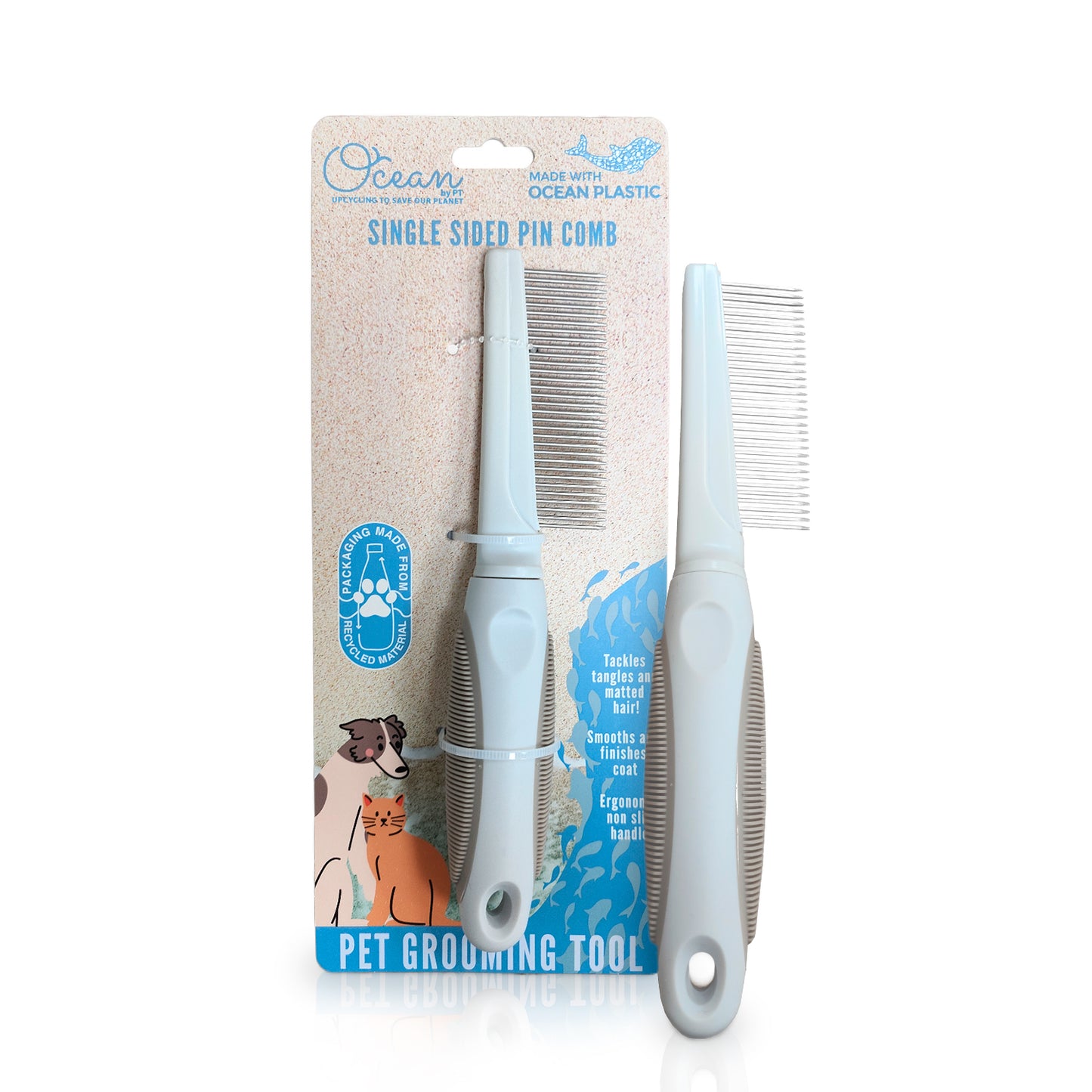 Ocean Plastic by PT Single-Sided Pin Comb Brush for Pets, Eco-Friendly Grooming Tool for Dogs and Cats