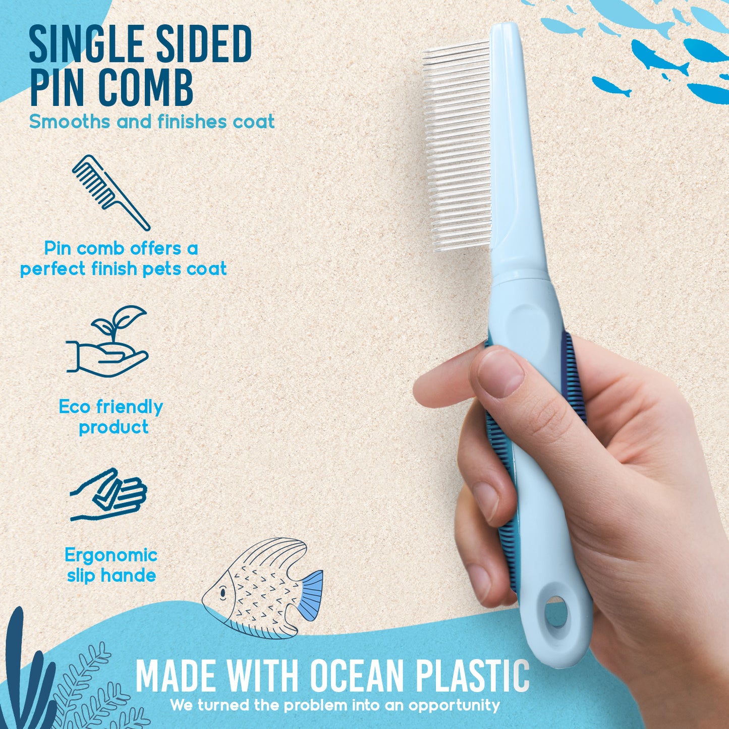 Ocean Plastic by PT Single-Sided Pin Comb Brush for Pets, Eco-Friendly Grooming Tool for Dogs and Cats