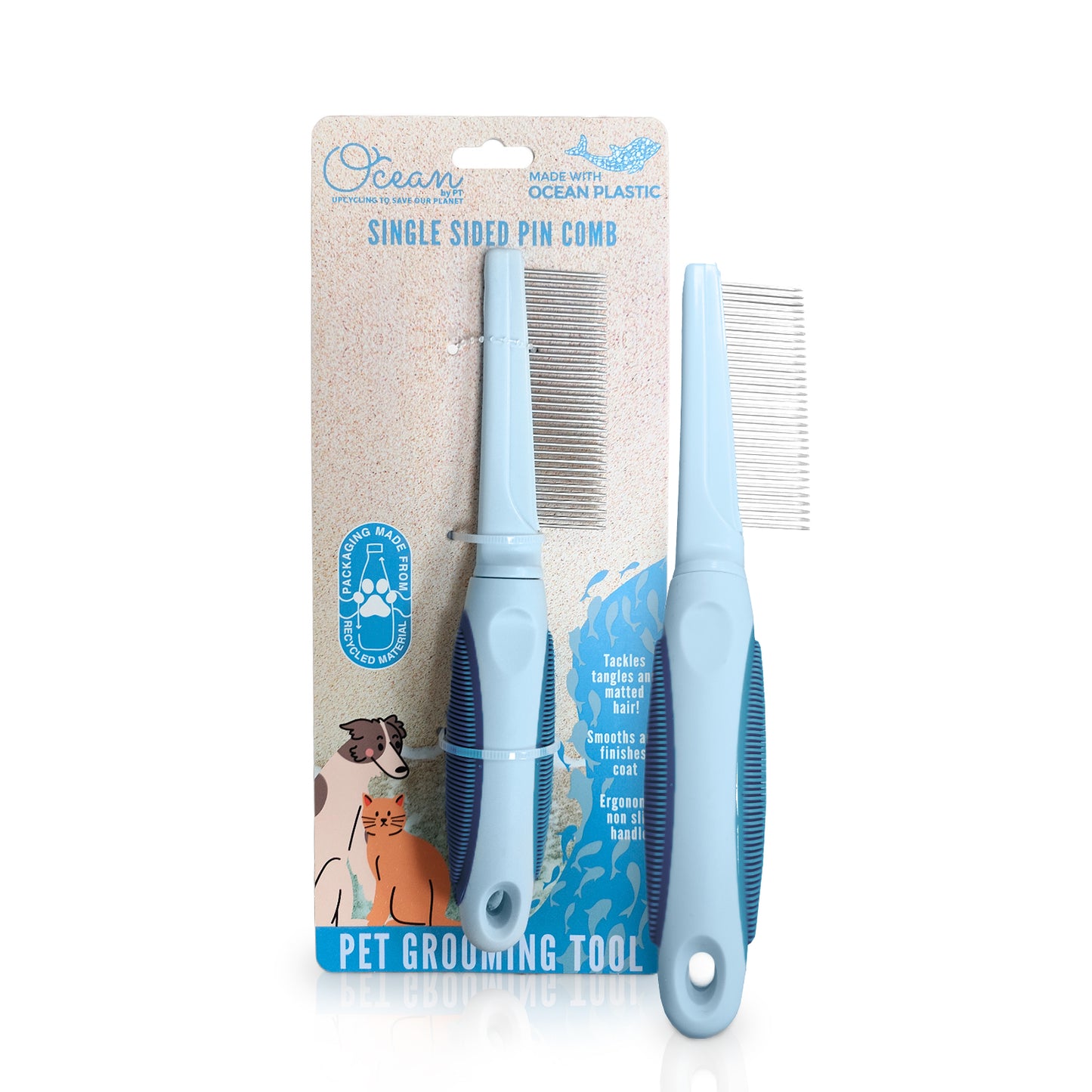 Ocean Plastic by PT Single-Sided Pin Comb Brush for Pets, Eco-Friendly Grooming Tool for Dogs and Cats