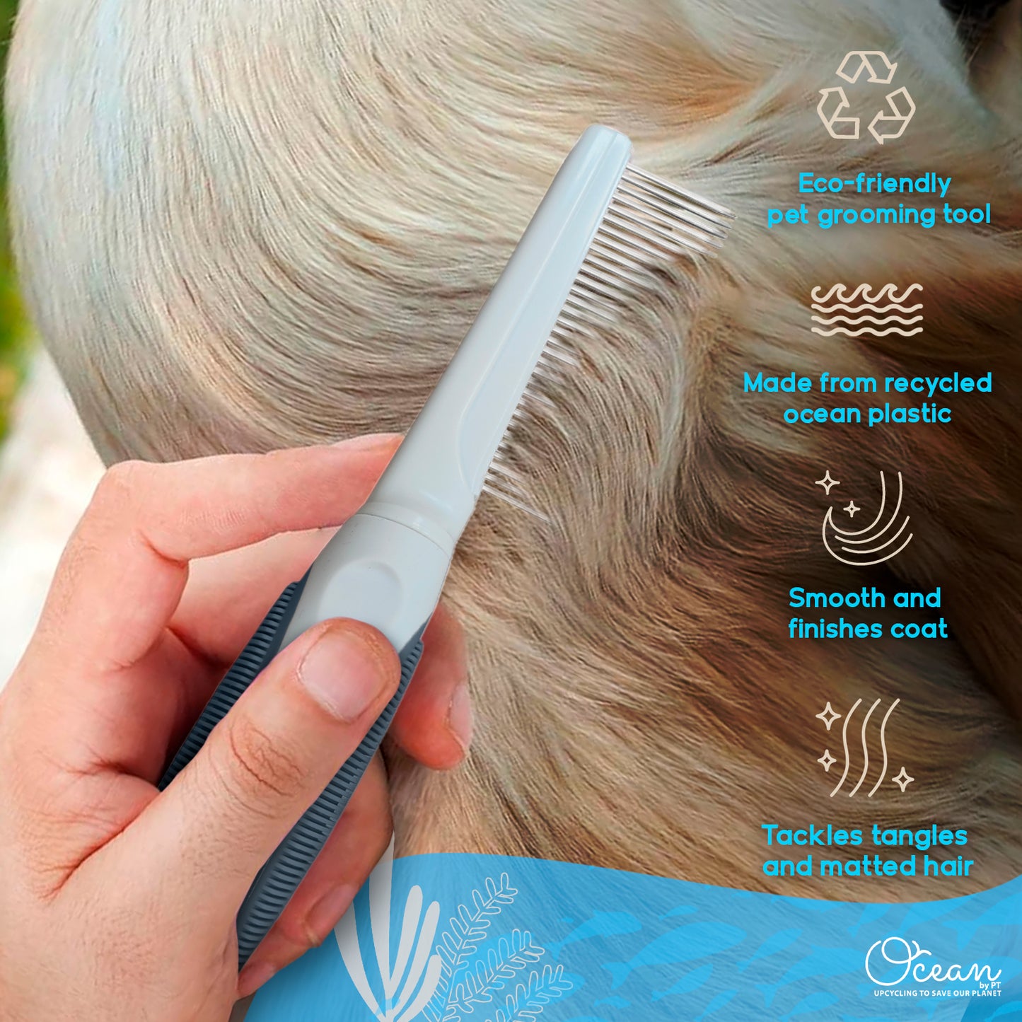 Ocean Plastic by PT Single-Sided Pin Comb Brush for Pets, Eco-Friendly Grooming Tool for Dogs and Cats