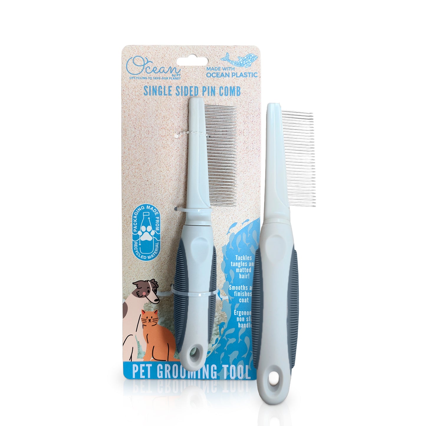 Ocean Plastic by PT Single-Sided Pin Comb Brush for Pets, Eco-Friendly Grooming Tool for Dogs and Cats