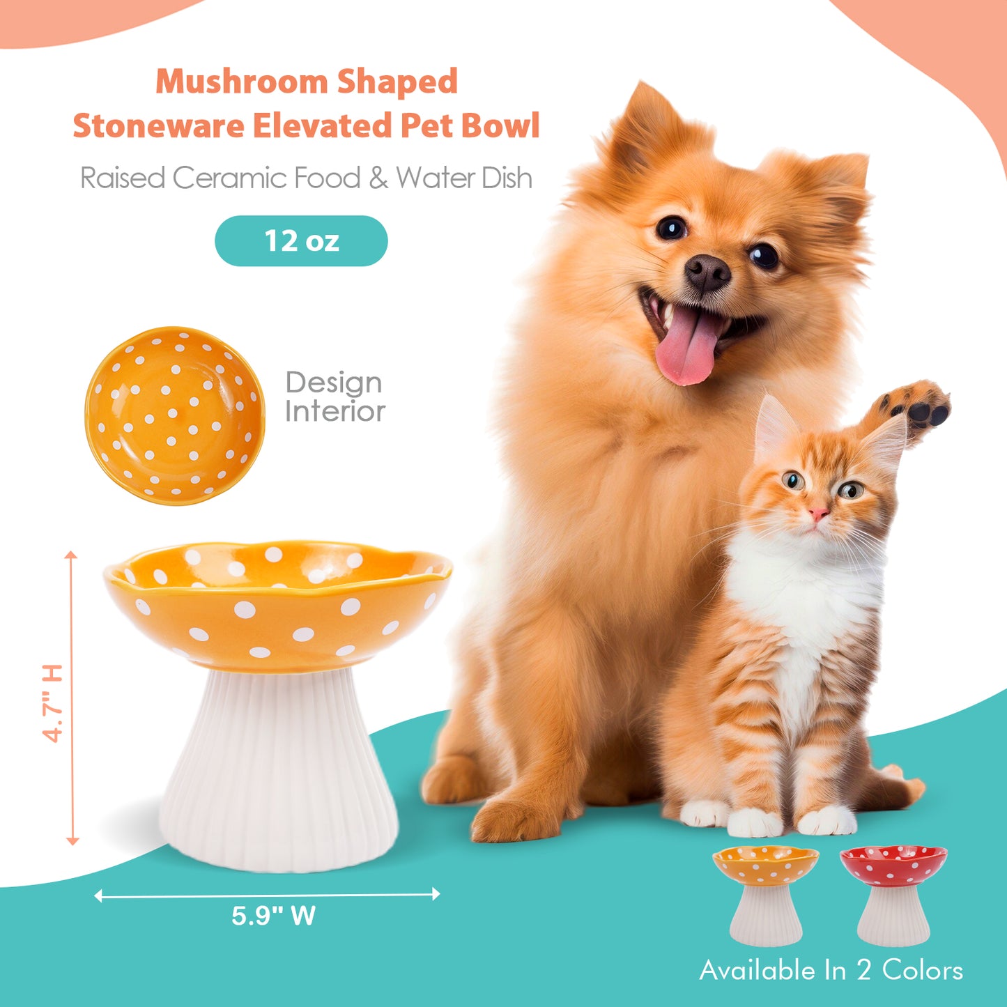 P.T. Supply Co. Mushroom Shaped Stoneware Elevated Pet Bowl, Raised Ceramic Food & Water Dish for Dogs and Cats