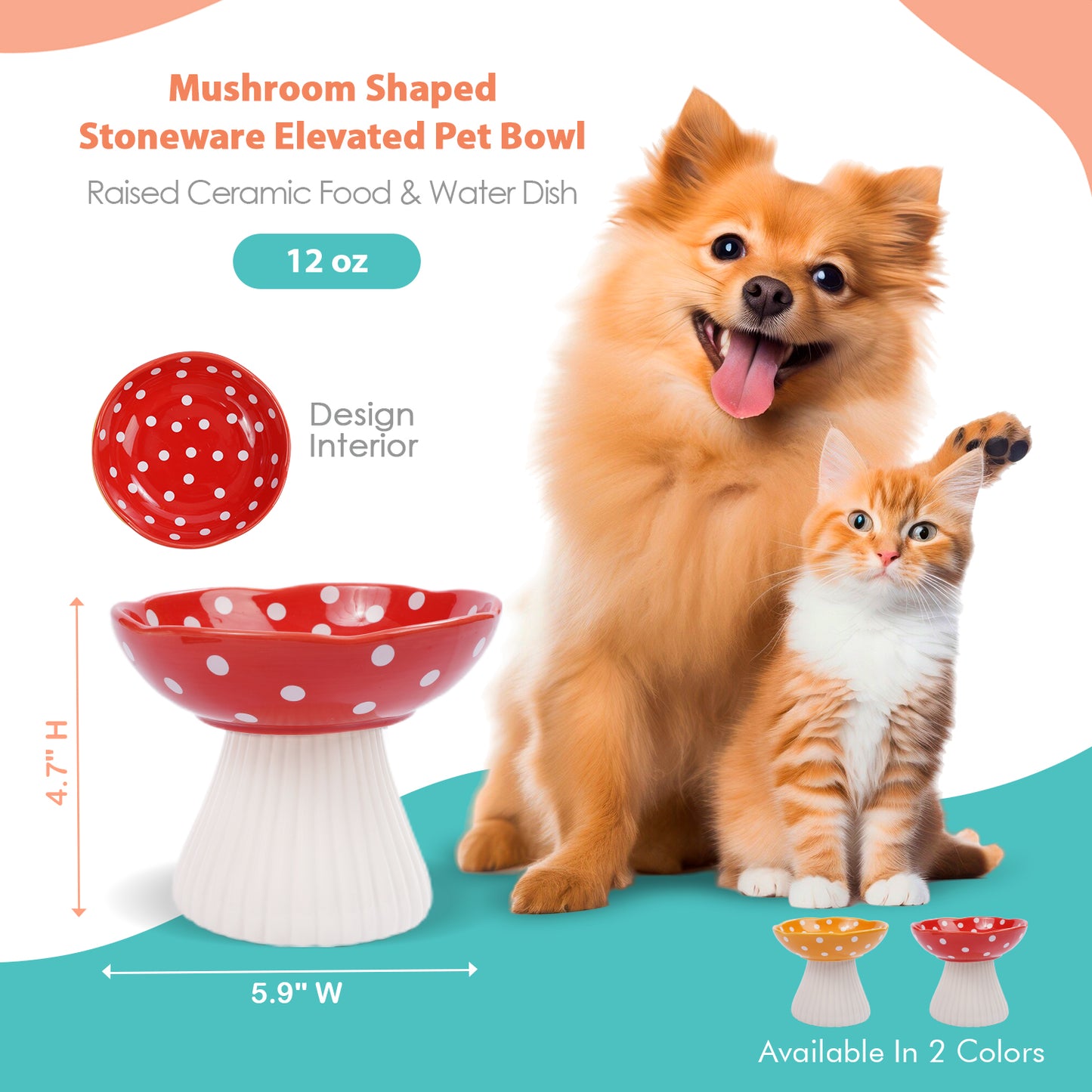 P.T. Supply Co. Mushroom Shaped Stoneware Elevated Pet Bowl, Raised Ceramic Food & Water Dish for Dogs and Cats