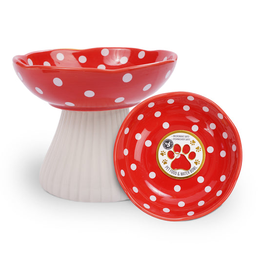 P.T. Supply Co. Mushroom Shaped Stoneware Elevated Pet Bowl, Raised Ceramic Food & Water Dish for Dogs and Cats