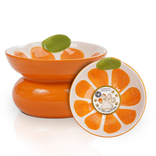P.T. Supply Co. Orange Shaped Stoneware Elevated Pet Bowl, Raised Ceramic Food & Water Dish for Dogs and Cats