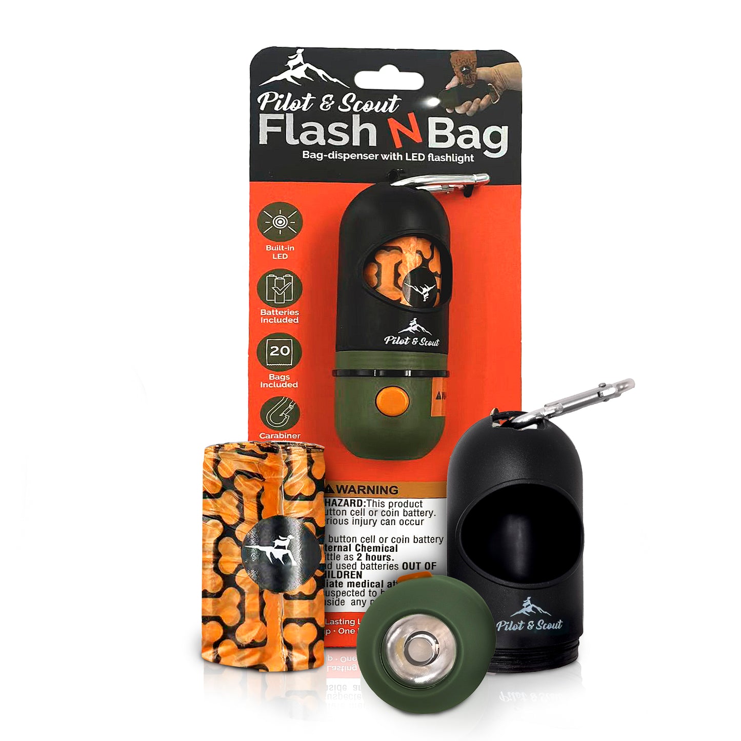 Pilot & Scout Flash N Bag Dog Poop Bags with LED Light Dispenser, Convenient Waste Bags for Night Walks