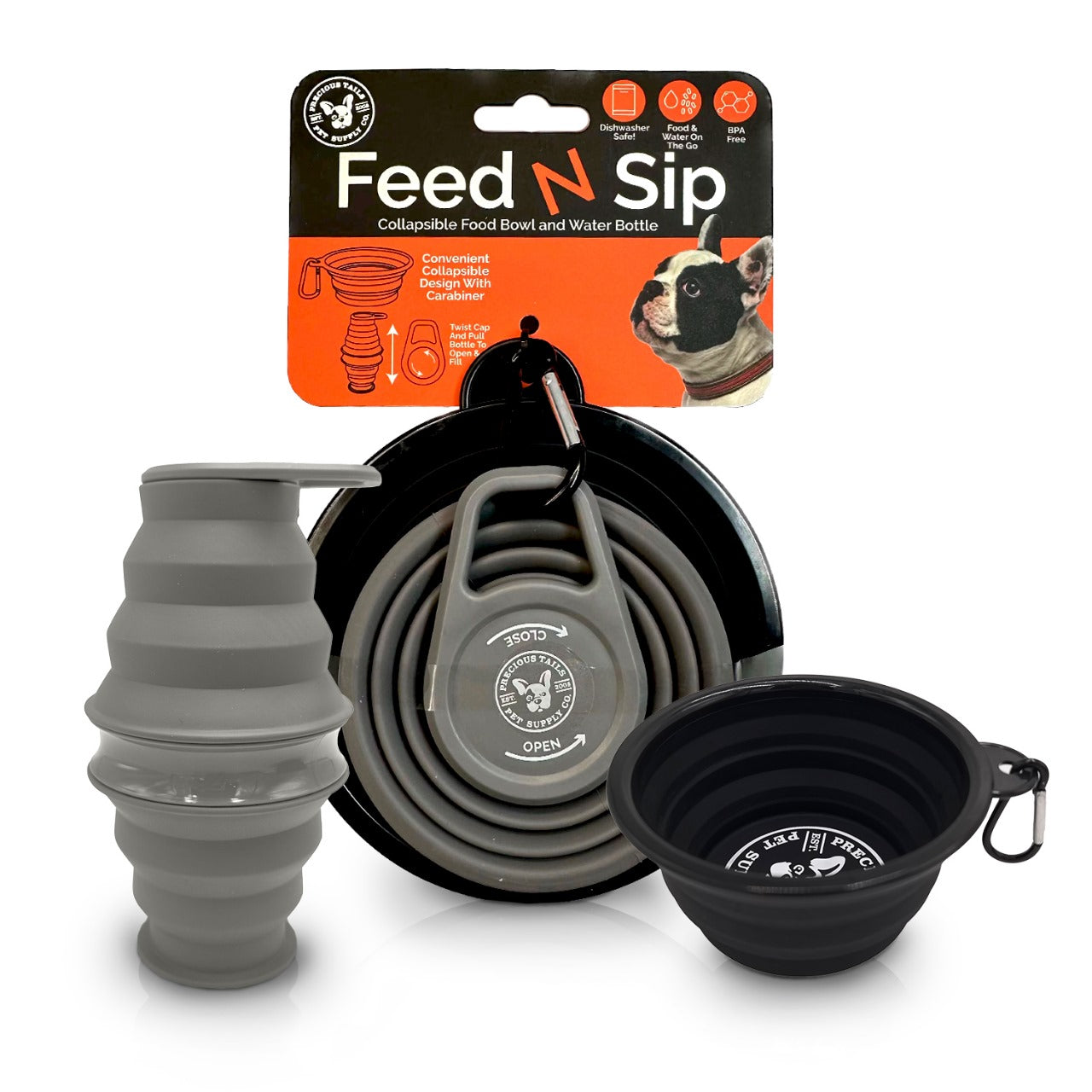 P.T. Supply Co. Feed N Sip 2-in-1 Collapsible Dog Bowl and Water Bottle, Portable Pet Feeding Solution for Travel