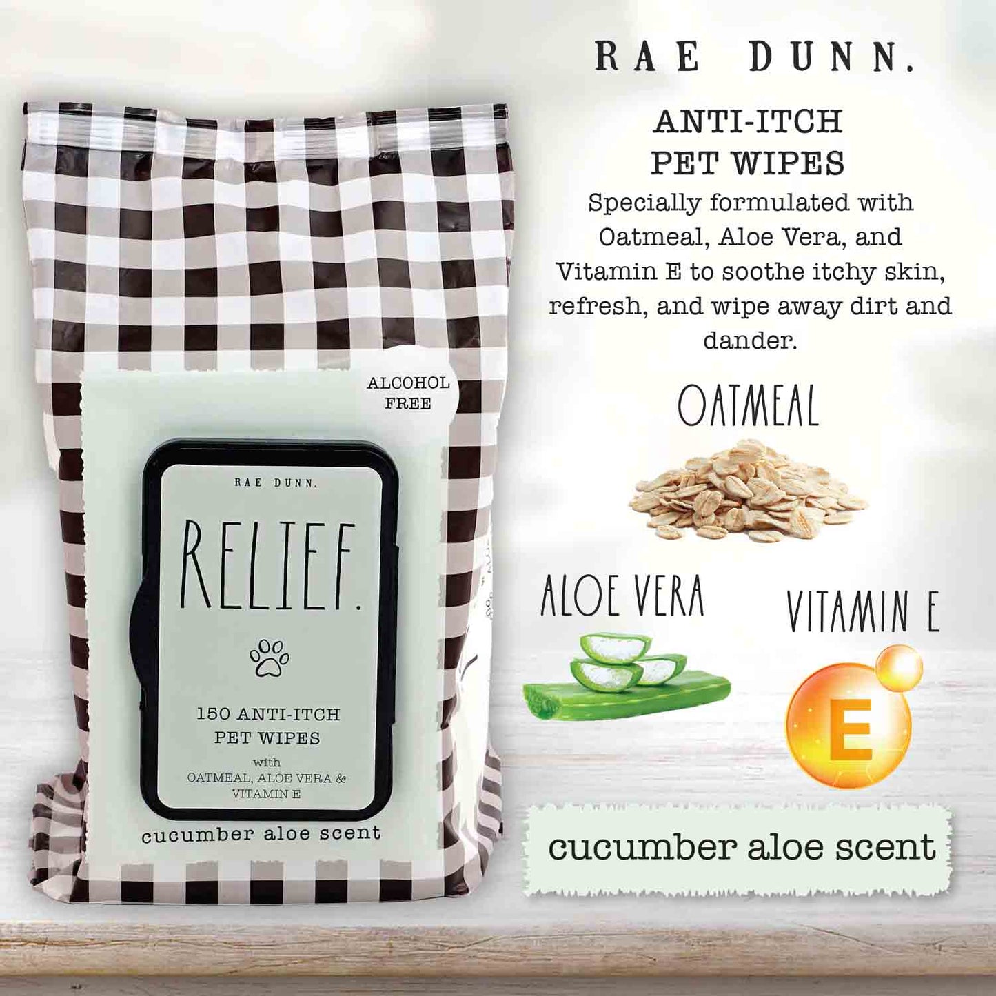 Rae Dunn 2-Pack 150 ct Anti Itch Pet Wipes with Oatmeal, Aloe Vera & Vit. E, Cucumber Aloe