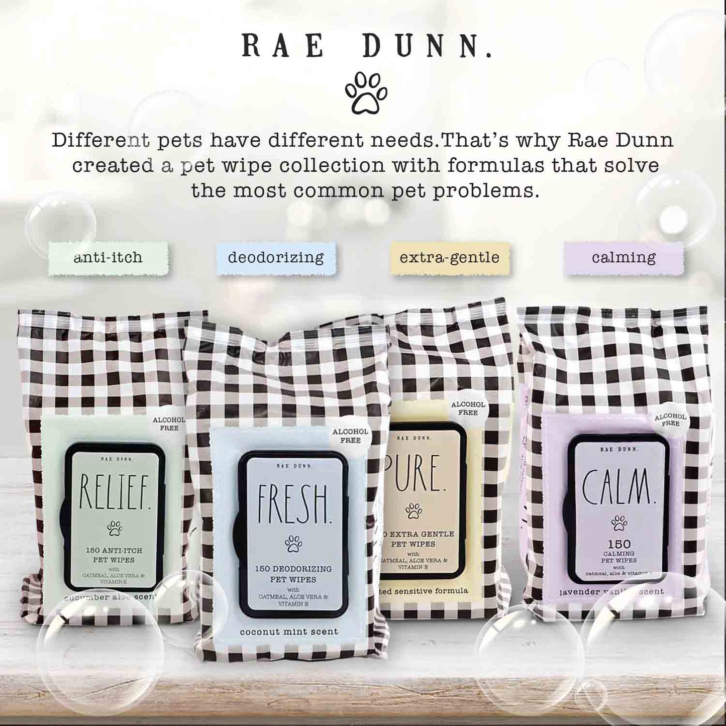 Rae Dunn 2-Pack 150 ct Anti Itch Pet Wipes with Oatmeal, Aloe Vera & Vit. E, Cucumber Aloe