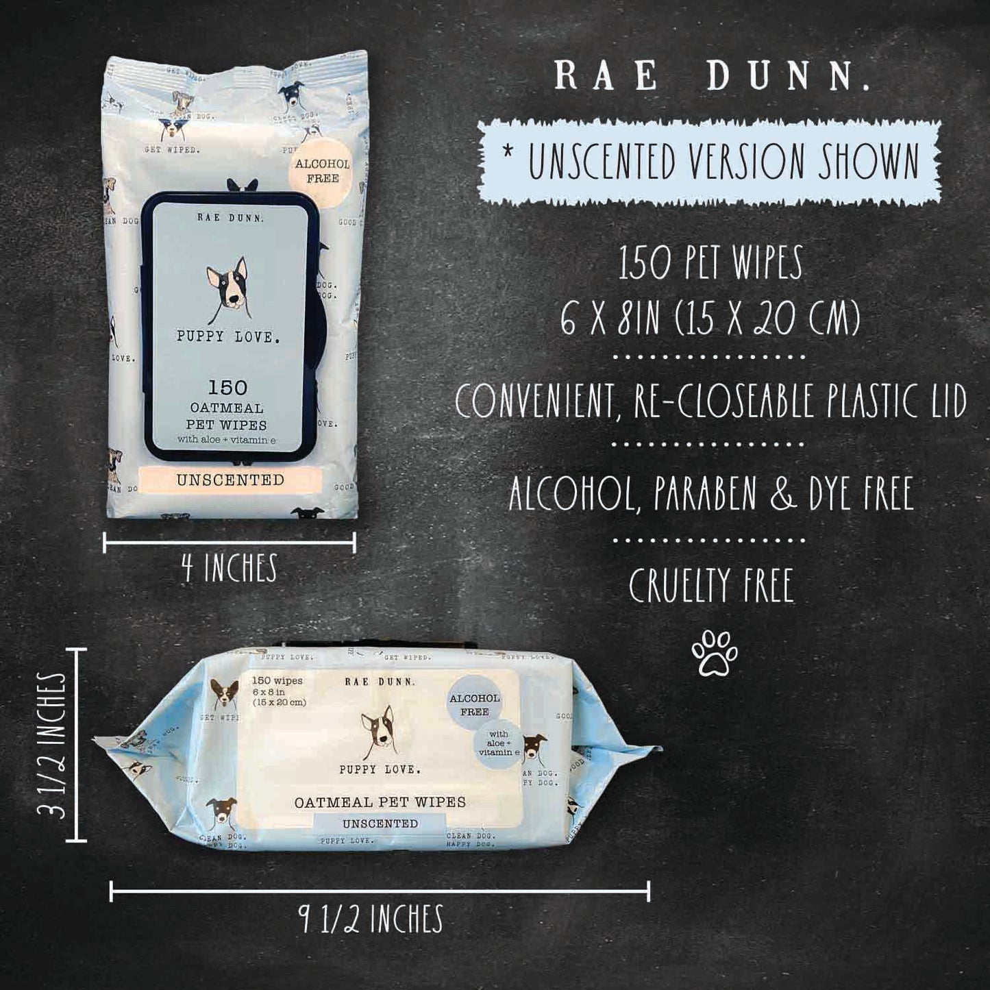 Rae Dunn 2-Pack 150 ct Anti Itch Pet Wipes with Oatmeal, Aloe Vera & Vit. E, Cucumber Aloe