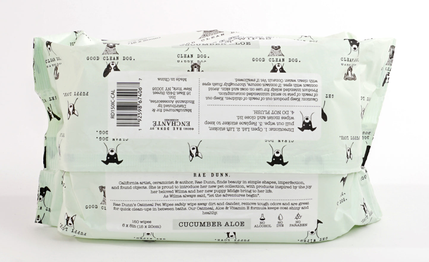 Rae Dunn 2-Pack 150 ct Anti Itch Pet Wipes with Oatmeal, Aloe Vera & Vit. E, Cucumber Aloe
