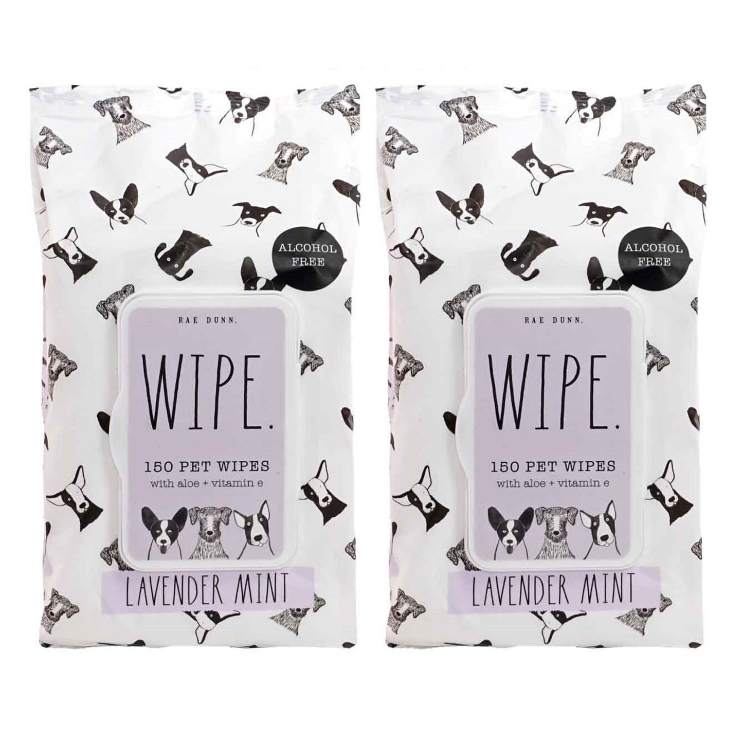 Rae Dunn 'Wipe' 2-Pack 150 ct Pet Wipes with Aloe & Vit. E., Lavender Mint