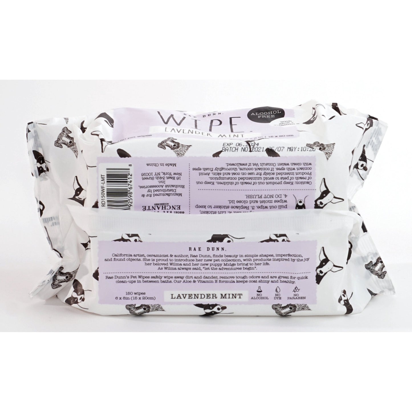Rae Dunn 'Wipe' 2-Pack 150 ct Pet Wipes with Aloe & Vit. E., Lavender Mint